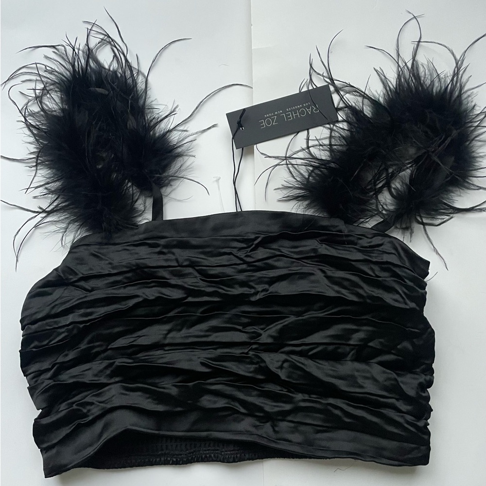 RACHEL ZOE Feather Strap Ruched Crop Top Black Medium NWT Y2K Glam Party - Picture 2 of 8